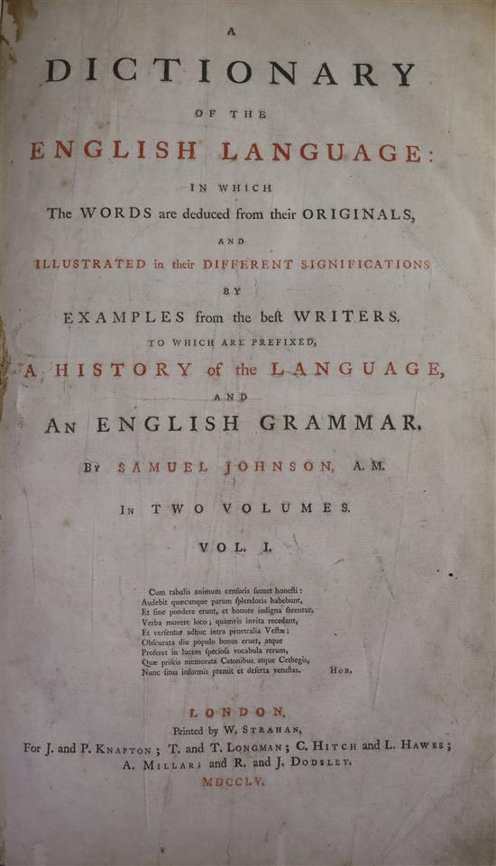 Johnson, Samuel - A Dictionary of The English Language, 1st edition, 2 vols, folio, rebound full calf, puce and green